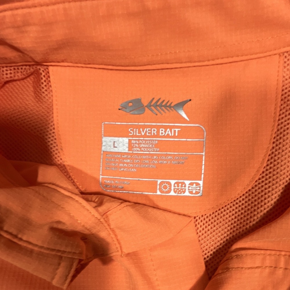 Silver Bait Men's L Orange Button-Up Fishing Shirt Polyester Pockets Fish Logo - Picture 3 of 9